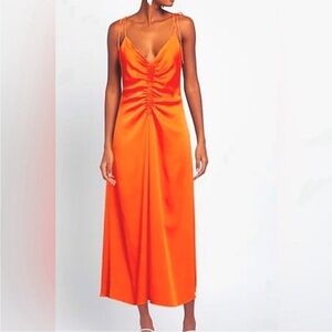Jason Wu Red Orange Satin Ruched Strappy Open Cross Back Midi Dress M